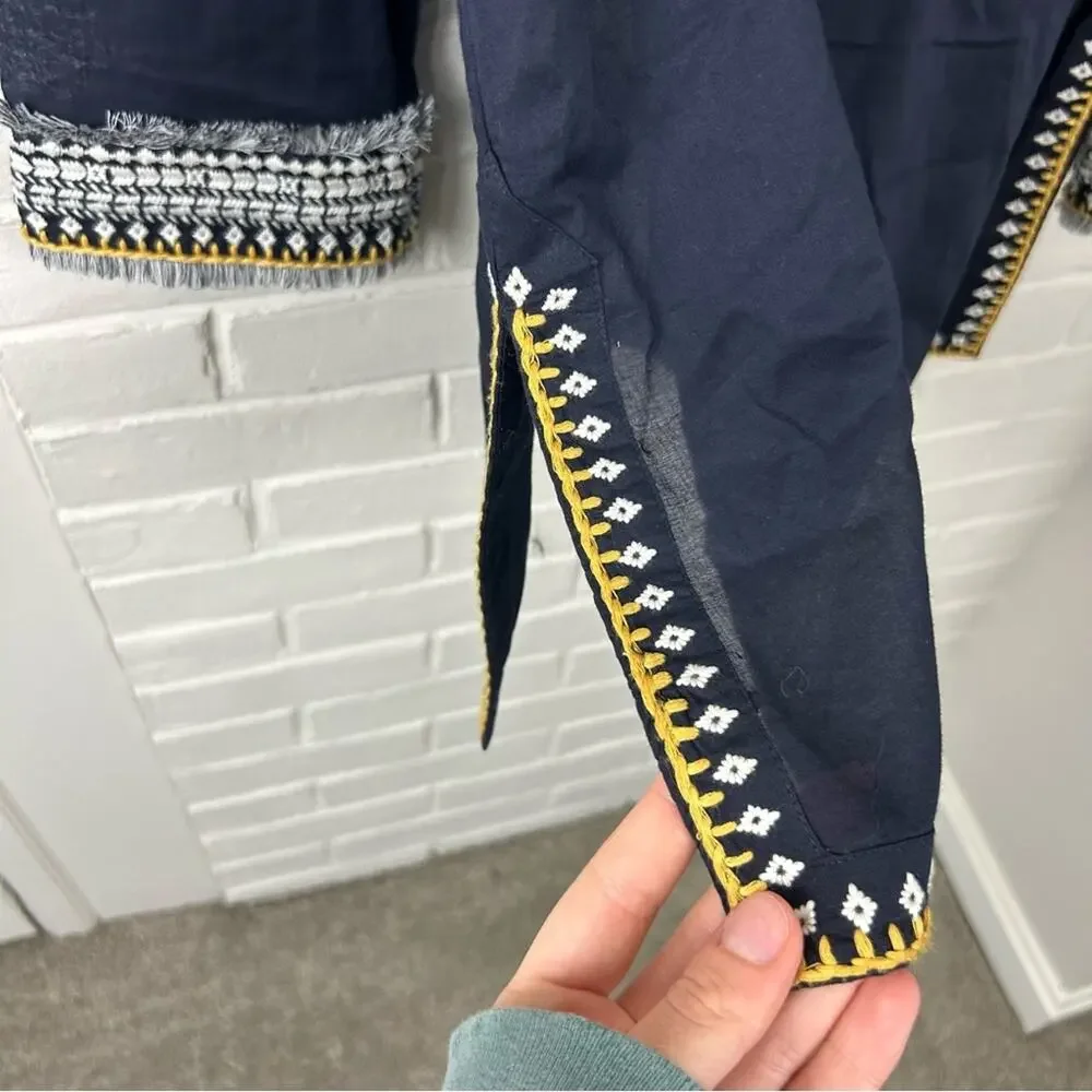 Tory Burch Navy Embroidered Fringe Detail 100% Cotton Tunic Size 8